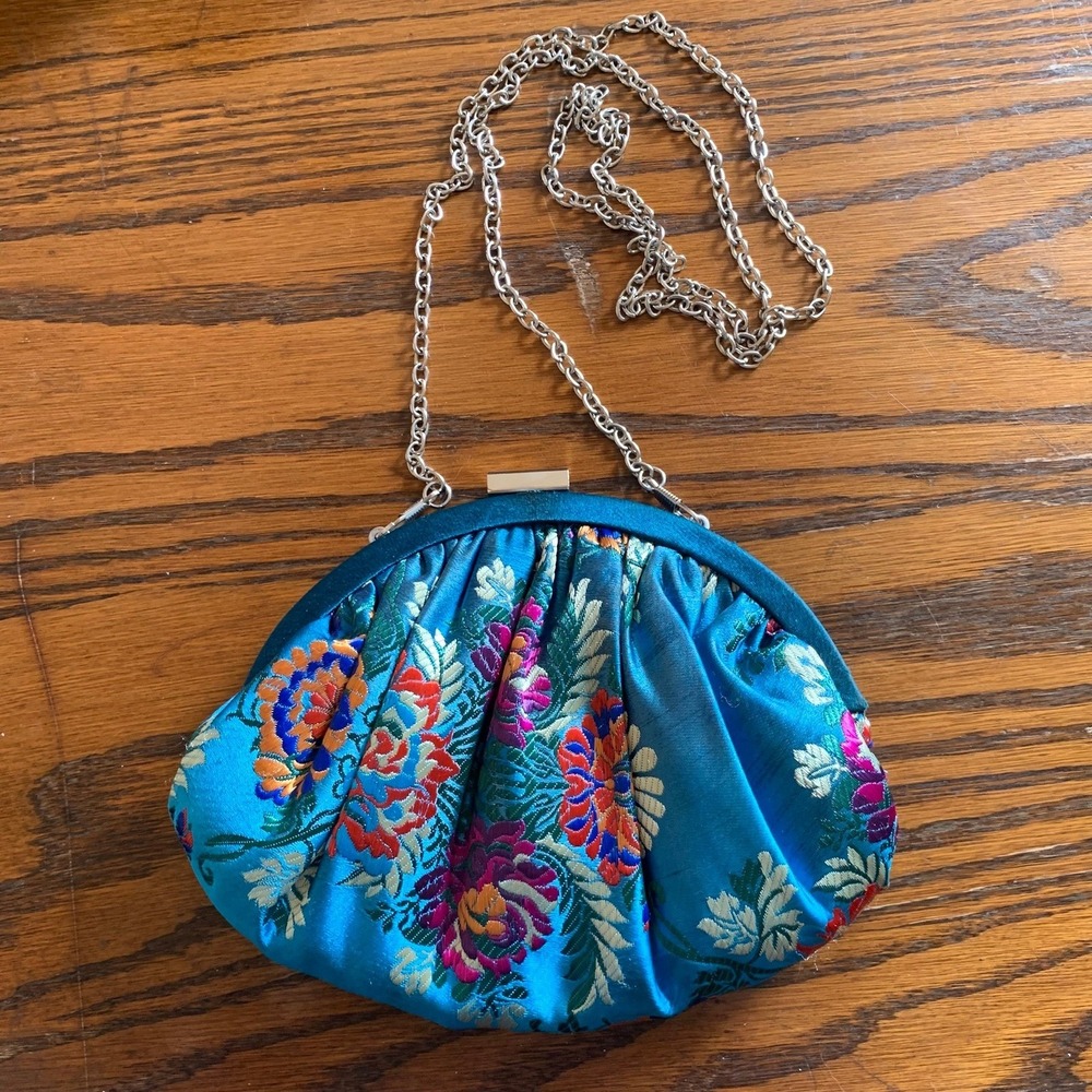 Blue Floral Jacquard Satin Frame Clutch Crossbody Bag Silver Chain Evening Bag
